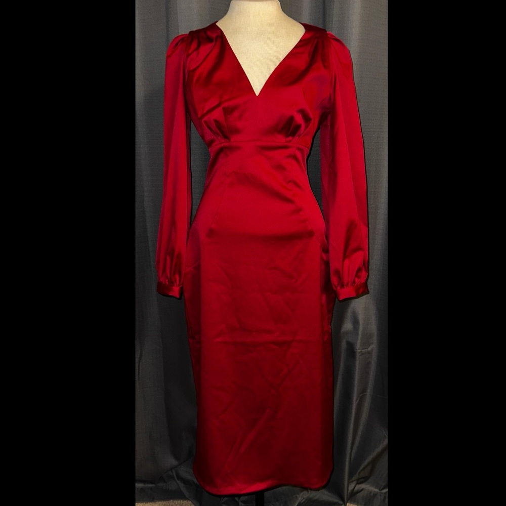 Satin Deep Red V-Neck Midi Dress with Long Sleeves